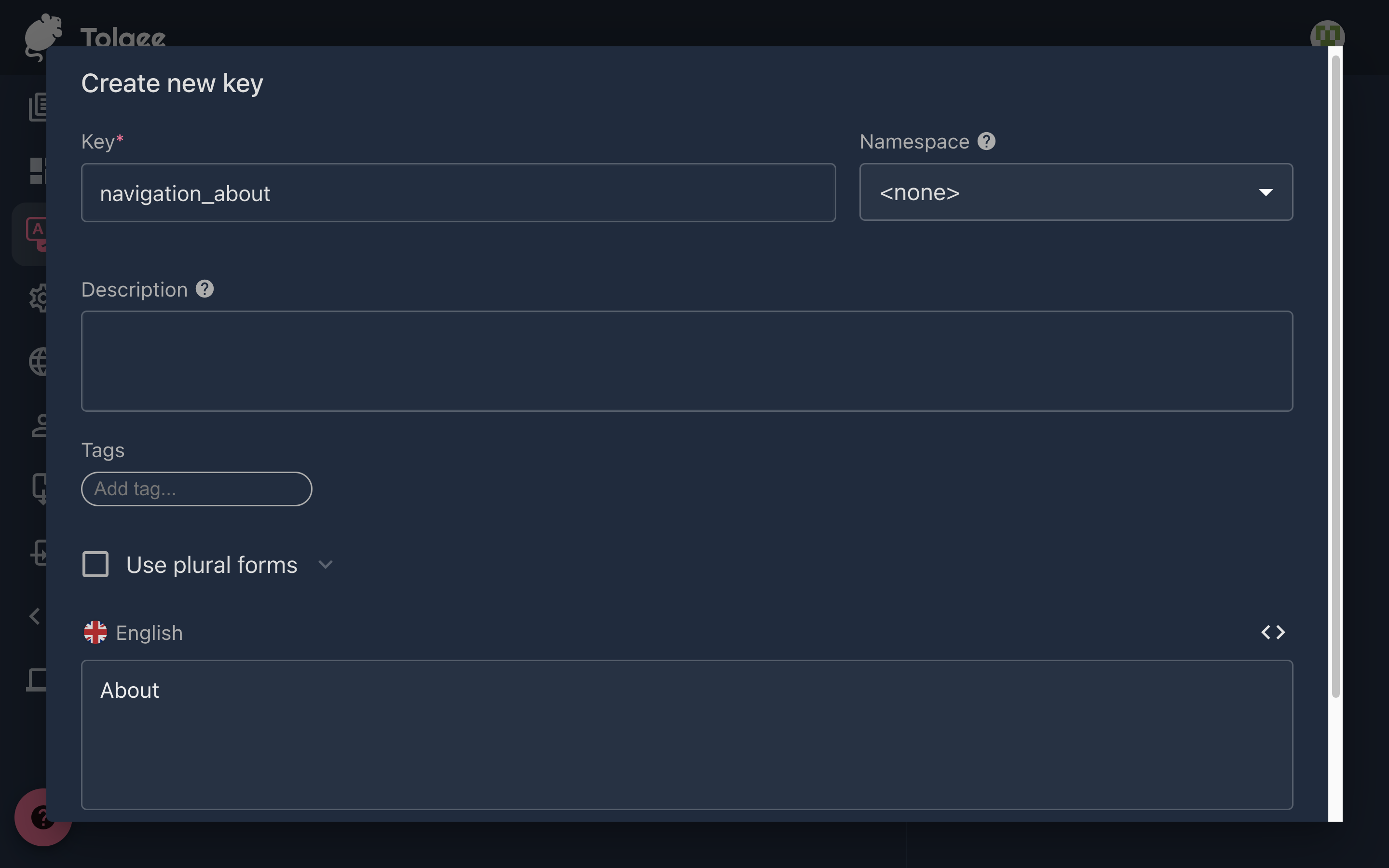 Screenshot of the Create new key window on the Tolgee platform