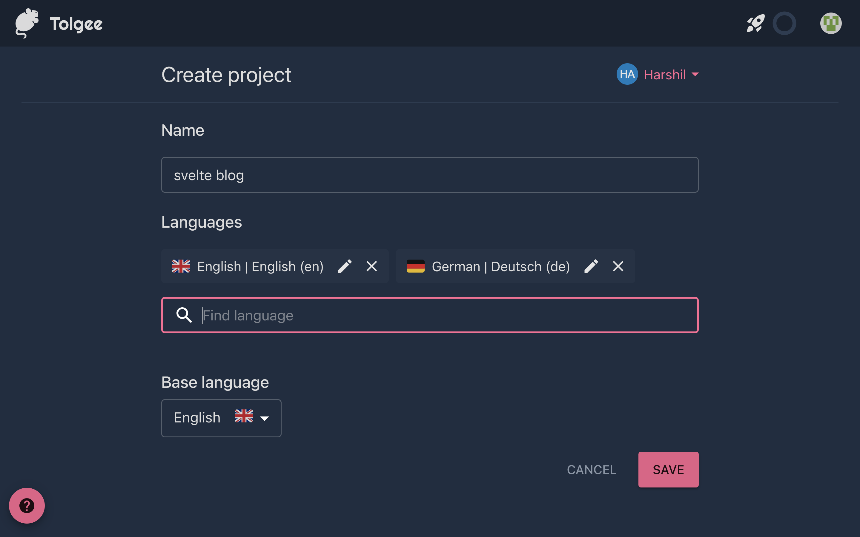 Screenshot of the Create Project page on the Tolgee platform