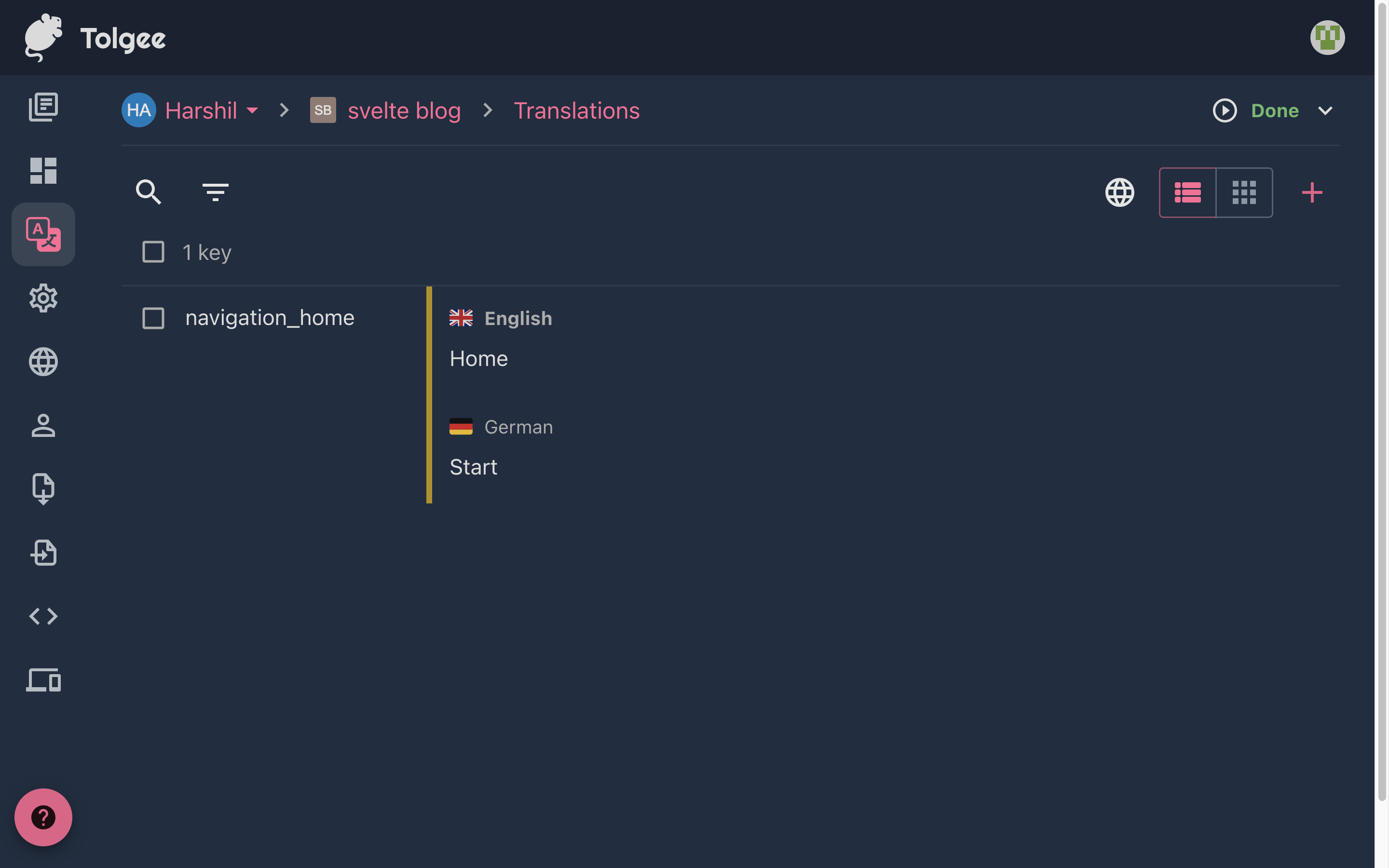 Screenshot showing the new created naviation_home key on the Tolgee platform