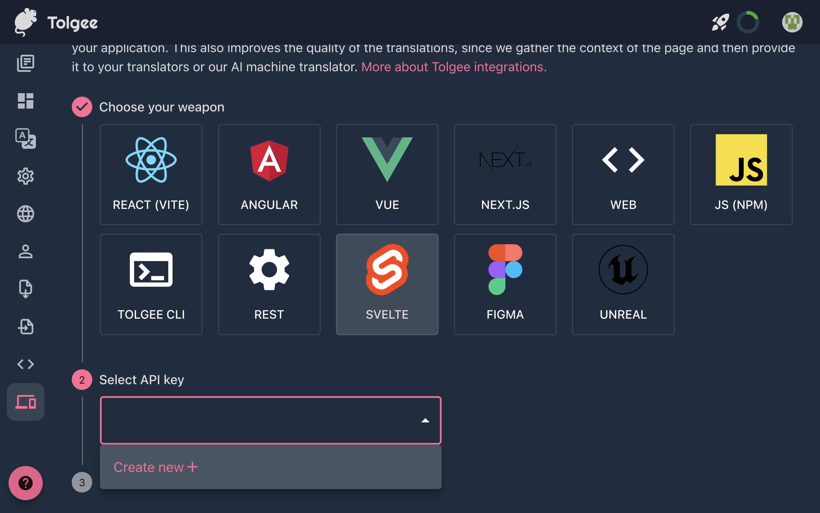 Screenshot of the Integration page on the Tolgee platform
